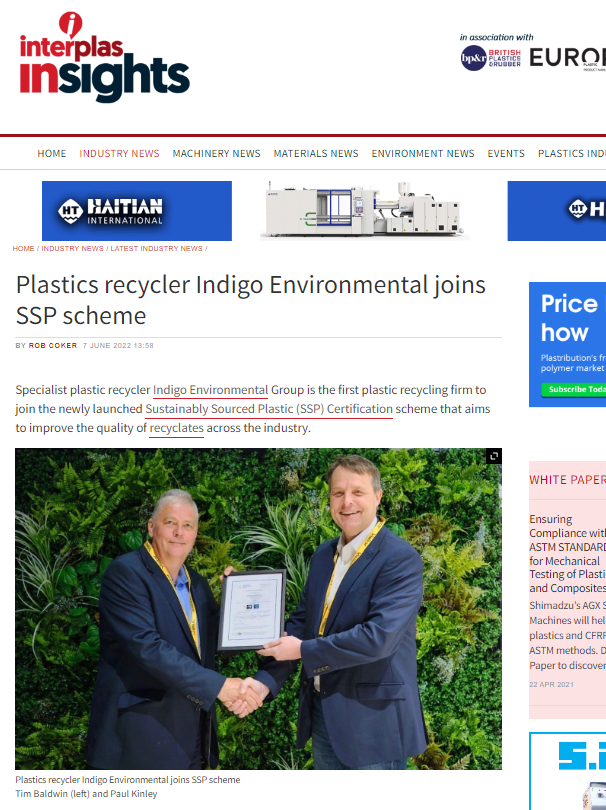 Featured Image for Interplas Insights – Plastics Recycler Indigo Environmental joins SSP Scheme