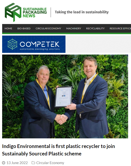 Featured Image for Sustainable Packaging News – Indigo Environmental is first plastic recycler to join Sustainably Sourced Plastic scheme